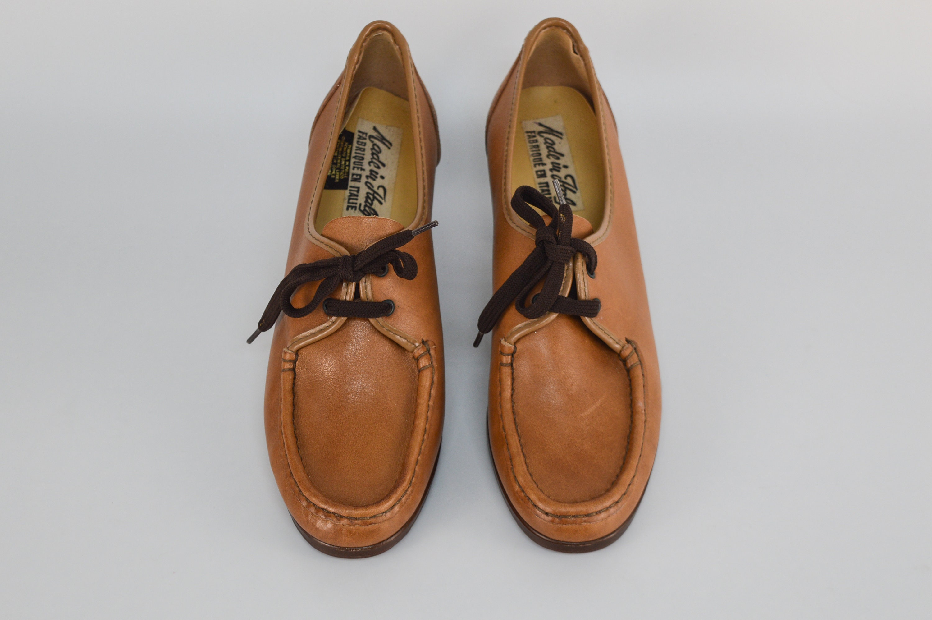 靴 Vintage 70s Italy Made Leather Loafers Vintage 70s Chunky Heel Leather Fringe Platform Loafers
