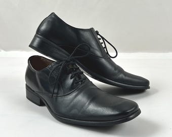 Vintage leren heren oxfordschoenen, zwart uniseks schoeisel met vierkante neus maat 40EU