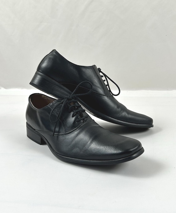 Vintage Leather Men Oxford Shoes, Black Unisex Square Toe Footwear 
