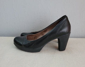 Vintage Leather Pumps in Black | Round Toe High Cone Heel Platform Shoes for Women | Size EU 36 | Wonders | Made in Spain