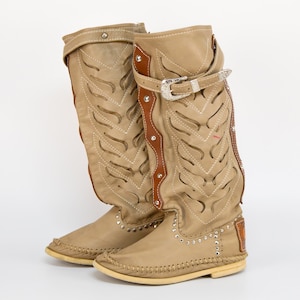 Vintage western leren knielaarzen in taupebruin / EU 35-maat platte cowgirl-aantrekmocassins voor dames | door Hector Gemaakt in Italië