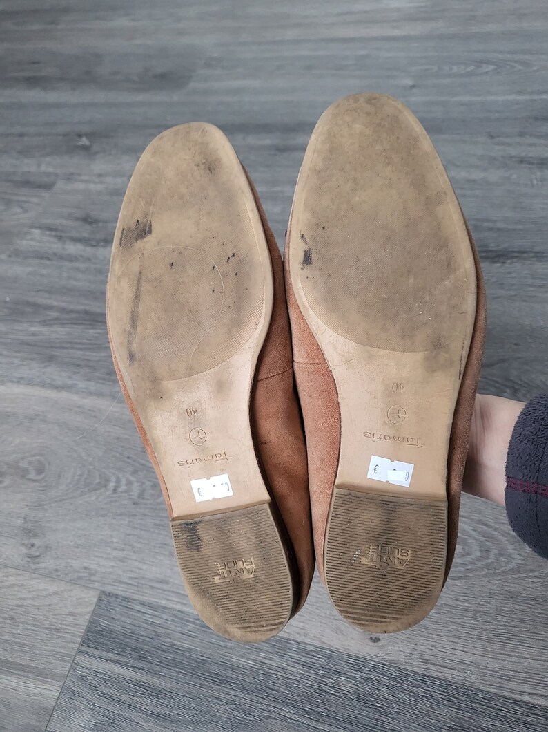 vintage tan brown suede leather women flat shoes Size EU 40 buckle wide loafers Tamaris european image 7