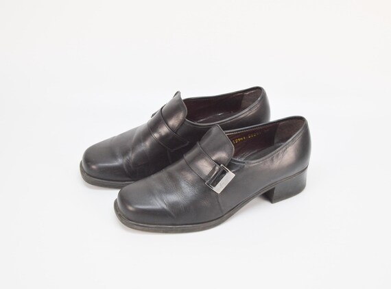 Vintage Black Leather Loafers: Square Toe Chunky Heel, Size 