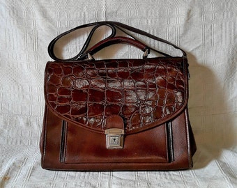 maletín marrón coñac de cuero vegano vintage / bolso de negocios croc / bolso de hombro