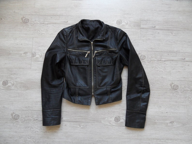 Vintage Leather Motorcycle Jacket Women Short Black Close With Zipper Lining Size S Small Classic Biker Chic Made In Poland