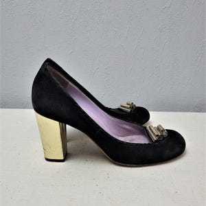 Vintage Pollini Black Suede Pumps with Gold Block Heels, Size 38 EU