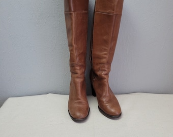 Vintage brown leather tall boots for women block heels / Size EU 39 / made in Italy