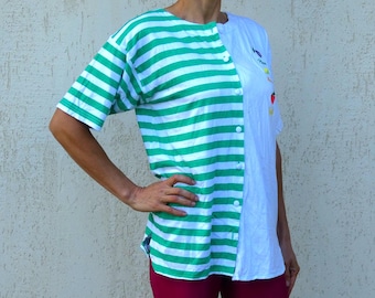 Vintage Striped Cotton Blouse: 90s Green & White Button Up, Size L