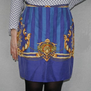 Vintage women silk mini skirt blue ornamented made in France S size