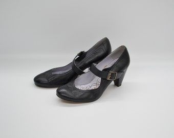 Leather Mary Jane Pumps in Black | High Cone Heel Slip On Women Shoes | Size EU 39 | Cruz Padera | Made in Spain