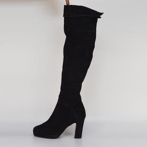 Suede Leather over the Knee Boots in Black | High Heel Pull On Long Sock Platform Boots for Women | Size 39 EU By Otre D&#39;Italia