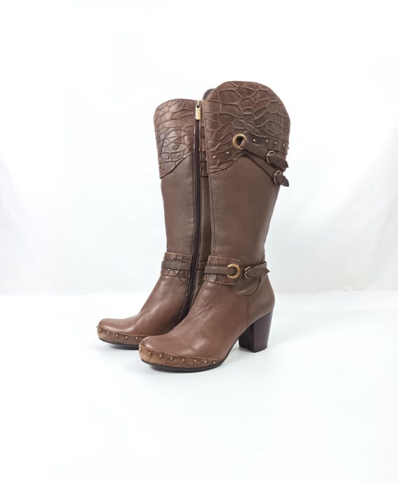 Brown Leather Studded Calf Boots: Block Heel Strappy Footwear (EU