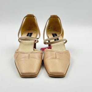 Vintage Beige Leather Square Toe Pumps: Y2K Chunky Heel Sandals, Size 39EU