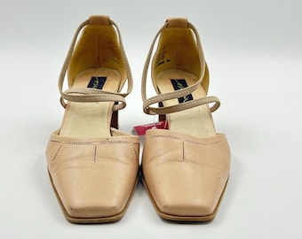 Sandalias vintage de piel beige con punta cuadrada: Sandalias de tacón grueso Y2K, talla 39 EU