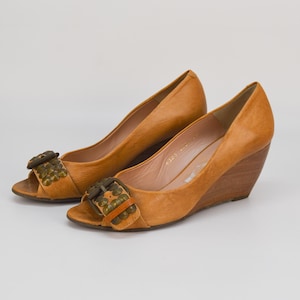 Vintage Leather Wedge Heels: Studded Buckle, Open Toe - Billi Bi EU 38