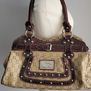 Bolso de mano vintage de lona y cuero en marrón y gris / Bolso de hombro con cremallera en la parte superior adornado para mujer de Gold Bags
