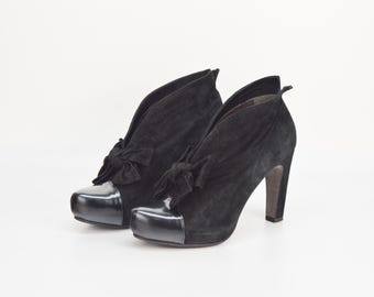 Bottines vintage en daim noir : détail nœud, UE 38, fabriquées en Espagne