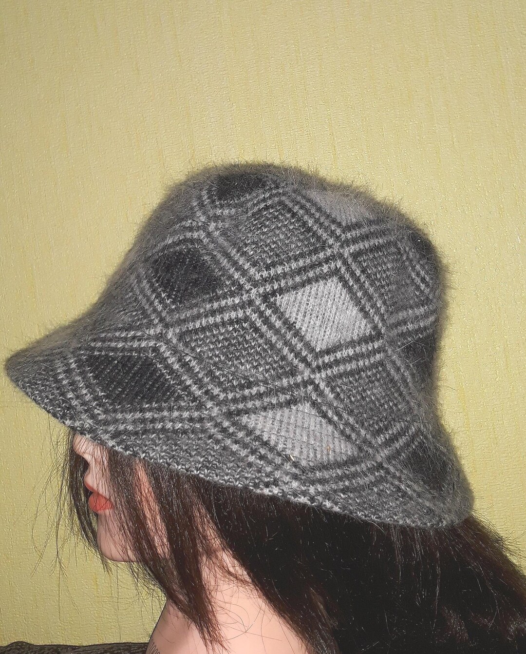 Vintage Angora Wool Unisex Hat Trilby Checkered Rhombus Ornaments Gray ...
