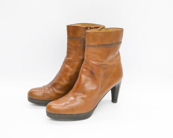 Vintage luxury cognac brown leather women zipped high heel platform ankle boots booties / UK 7 / Russell & Bromley / Made in Spain