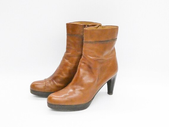 Vintage Cognac Brown Leather Women High Heel Platform Ankle Boots Size UK 7 Russell Bromley Made in Spain Etsy UK