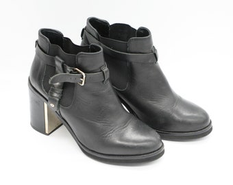 Botas Chelsea Vintage de Couro: Botas Pretas de Cano Curto com Salto Grosso, EU38