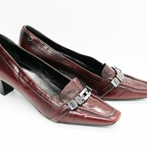 Burgundy Leather Pumps: Square Toe Low Heel Shoes - Size 39EU/8US
