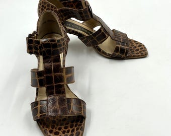 Vintage Leder Choco Braun Beige Kroko Sandalen , Frauen Heels Größe 37EU 6US