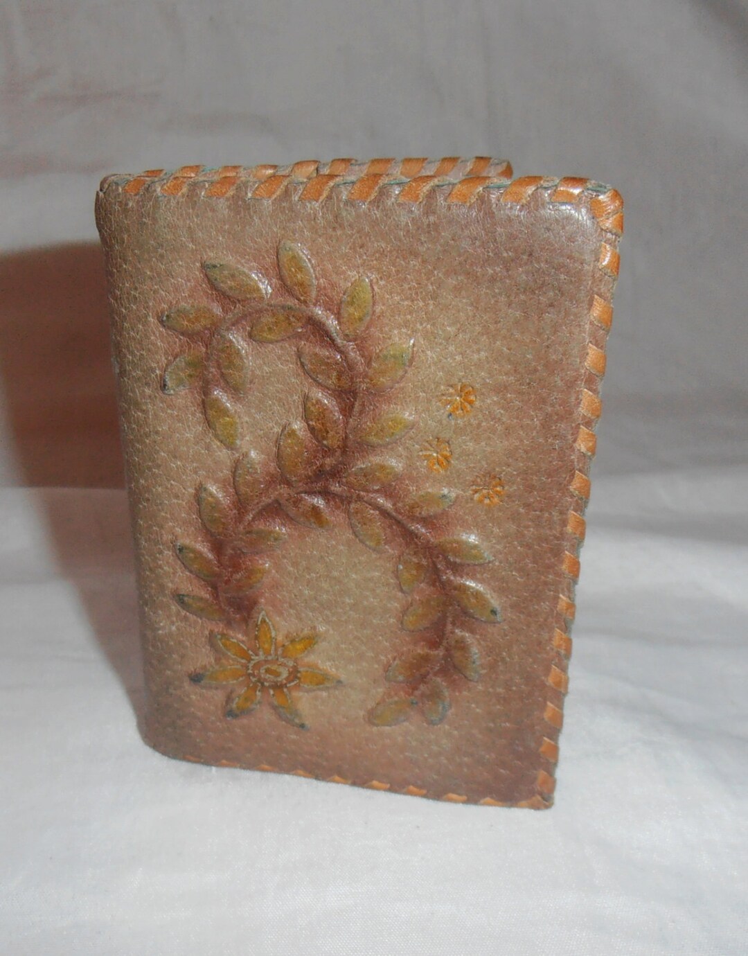 Vintage Document Holder / Leather Retro Brown Cover / Floral Golden Ornaments Embossed Driver