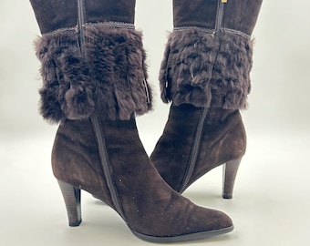 Vintage Brown Suede Calf Boots: Fringe Detail, Size 7US / 38EU