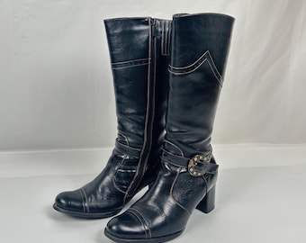 Botas vintage de piel negra de becerro: punta almendrada y tacón grueso, talla 38 UE / 7 EE. UU.