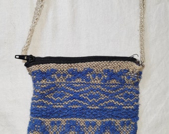 Vintage wool woven shoulder bag beige and blue purse