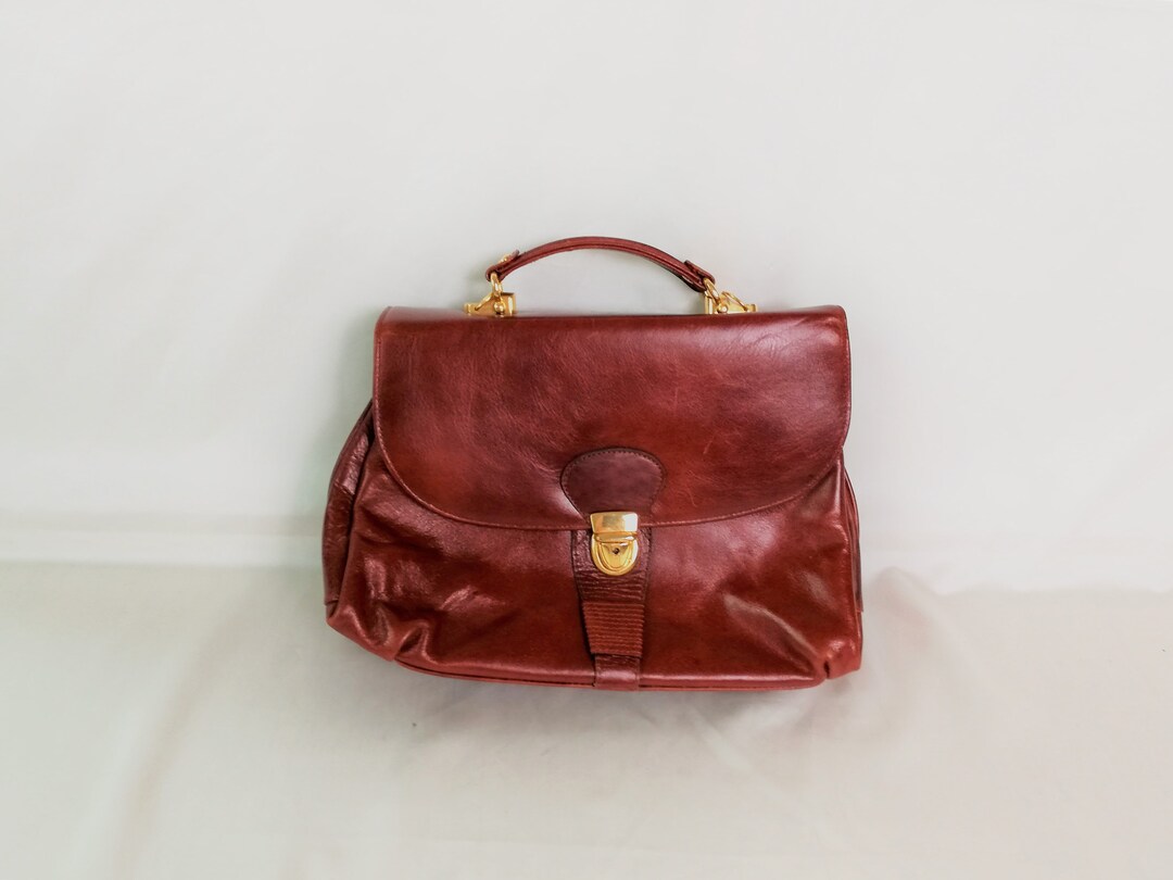 Vintage Leather Cognac Brown Handbag Briefcase Bag Women Retro Etsy