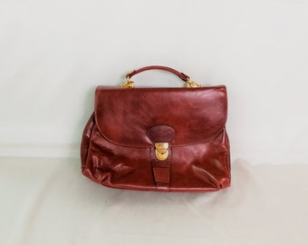 vintage leather cognac brown handbag briefcase bag women retro purse