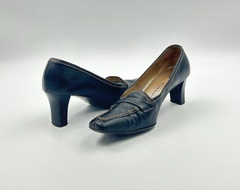 Zapatos vintage Peter Kaiser de piel negra, tacón grueso, punta cuadrada, talla 7.5 (EE. UU.)