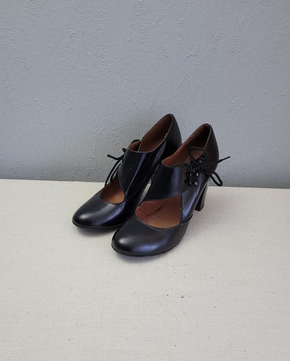 Vintage Black Leather Lace up Pumps Women Chunky Block Heels Shoes Size EU 40 Office Made in London Etsy UK