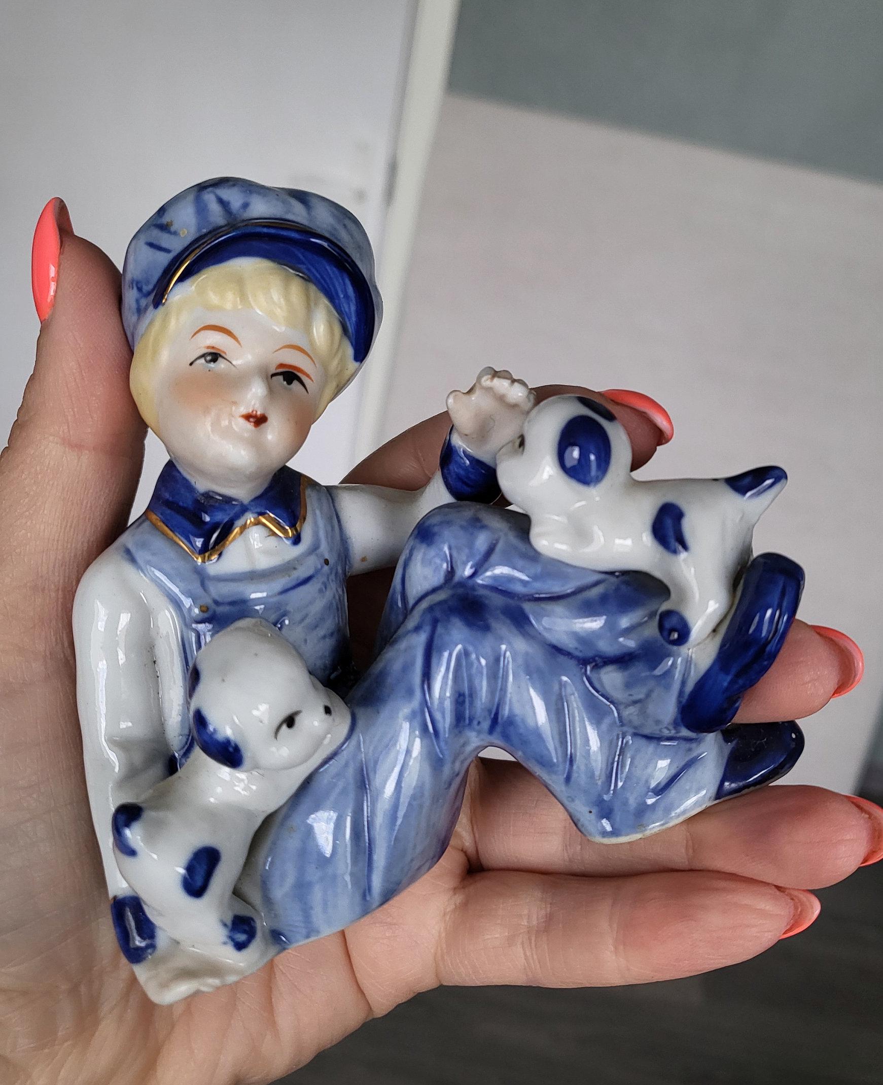 Vintage Porcelain Figurine: Boy With Puppies, Blue and White