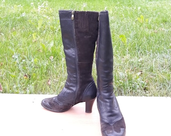 vintage brown leather wingtip women knee boots high block heeled tall winter footwear 37 EU size Carnaby