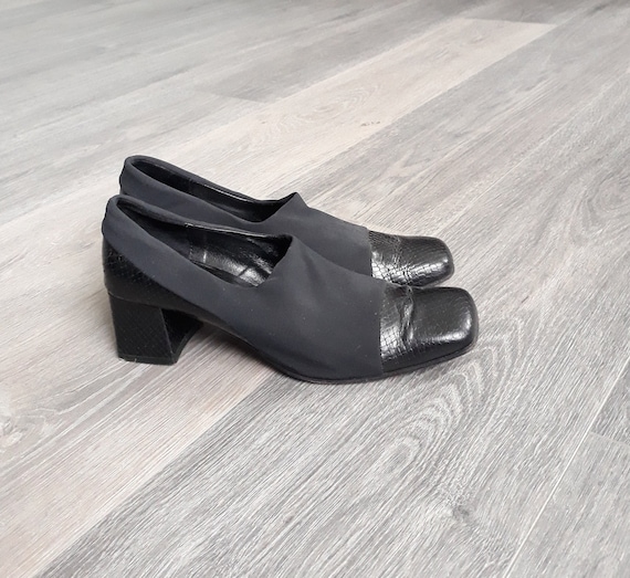 Vintage Black Snakeskin Leather Women Shoes 90s Square Toe Chunky 