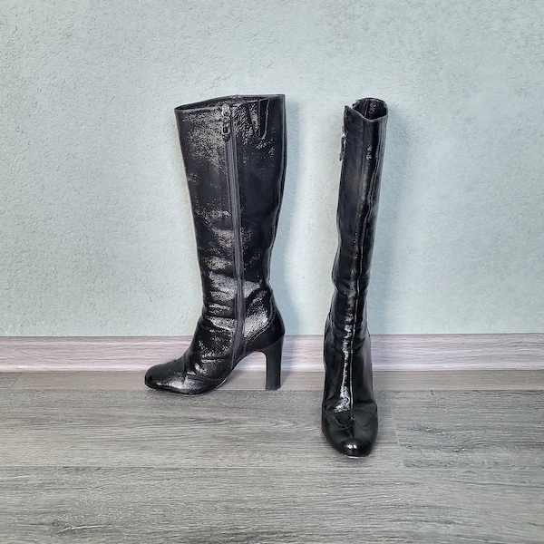 vintage brevet cuir noir bottes genoux Femmes Taille EU 36 1/2 talons hauts bout d’aile rond orteil