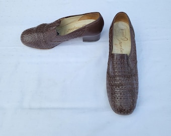 Vintage Woven Loafers: Brown Leather Chunky Heel Shoes, UK Size 5