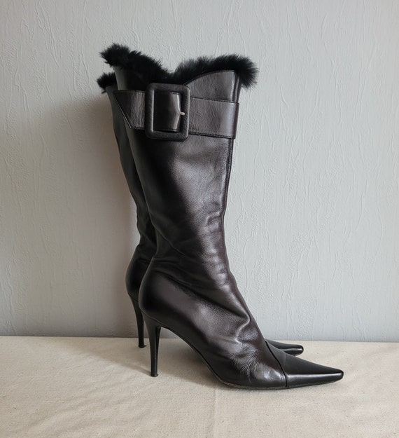 Vintage black leather luxury tall boots for women 