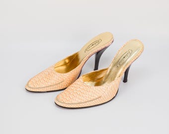 Mules vintage de piel de reptil: tacones de aguja naranjas, talla 36