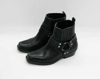 Leather Biker Booties in Black | Low Heel Square Toe Ankle Boots for Women size EU 38 | Made in Portugal