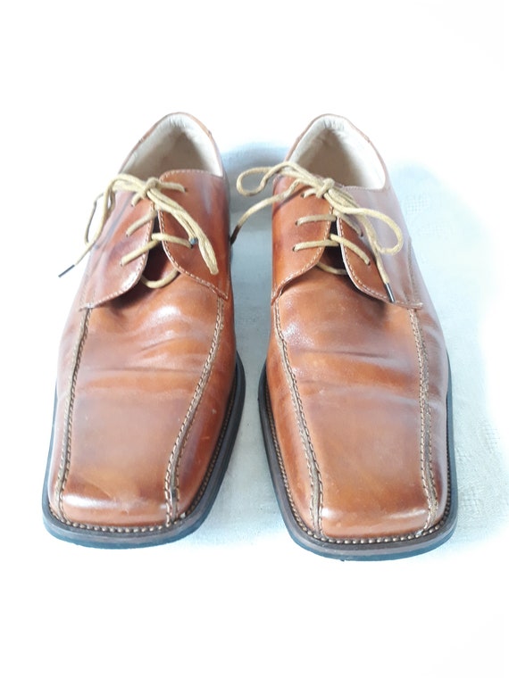 Vintage Men Brown Leather Shoes Lace up Oxford Square Toes Size 43
