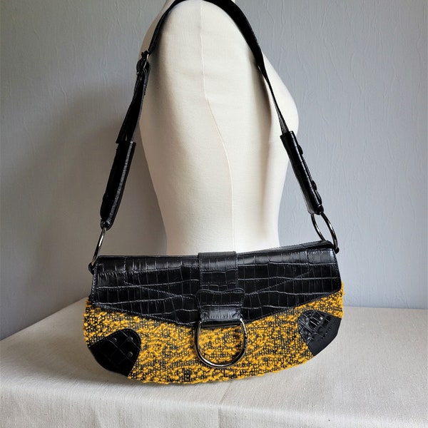 Vintage gelbe und schwarze Umhängetasche / Gobelin Leder Geldbörse / Kroko Handtasche / made in Italy / Janet&Janet