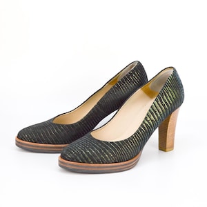 Vintage Zinda Fabric Pumps: Black & Metallic Green Heels, EU 39