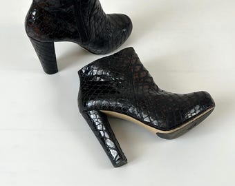 Genuine Patent Leather Women Ankle Boots: Croc Brownish Heel Shoes Size 37EU/6US