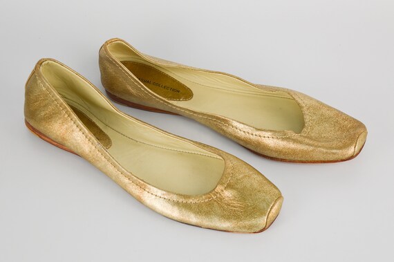 All Leather Ballerina Loafers in Gold | Low Heel … - image 6