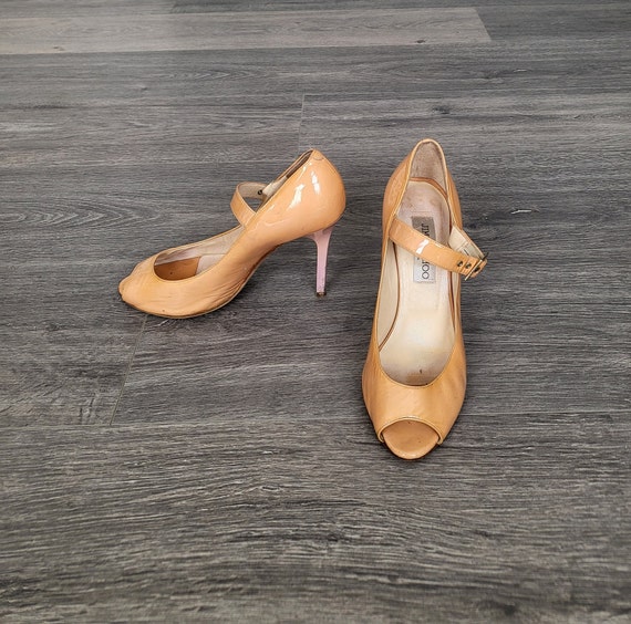Vintage beige brown women peep toe sandals patent… - image 3