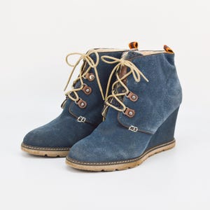 Vintage Suede Ankle Boots: Blue Lace-Up Wedge Heel Booties (EU 39)